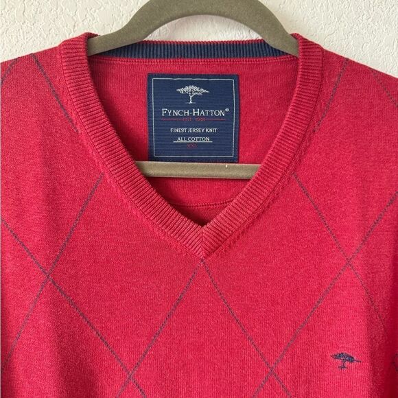 Fynch Hatton Mens Sweater XXL Red Argyle 100% Cotton Pullover V-Neck Preppy Golf - Picture 8 of 8